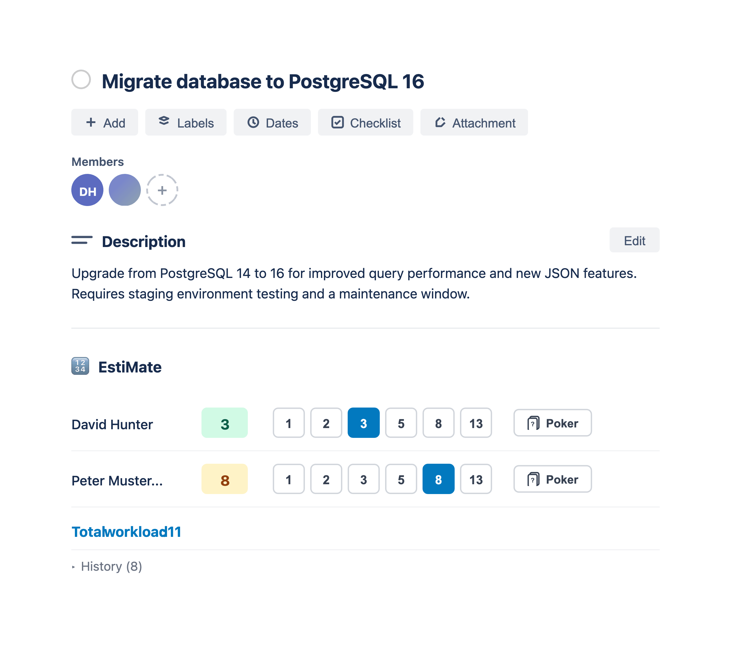 Per-member story point estimation on a Trello card in EstiMate