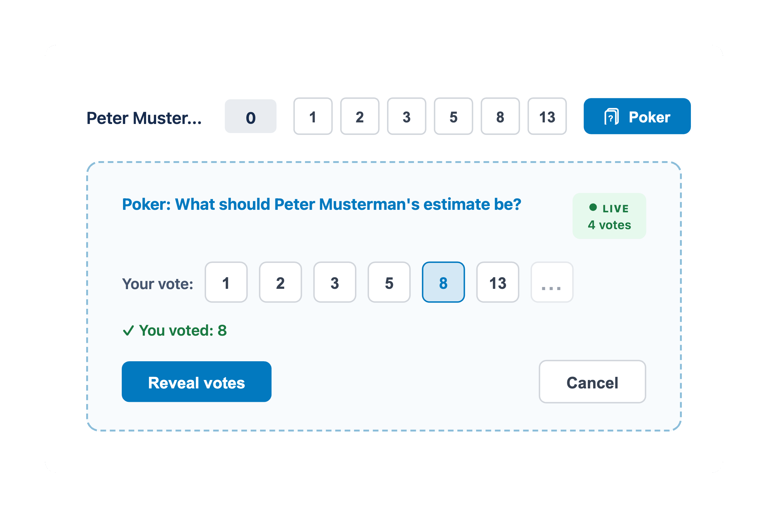 EstiMate planning poker voting phase showing scale buttons and hidden vote count