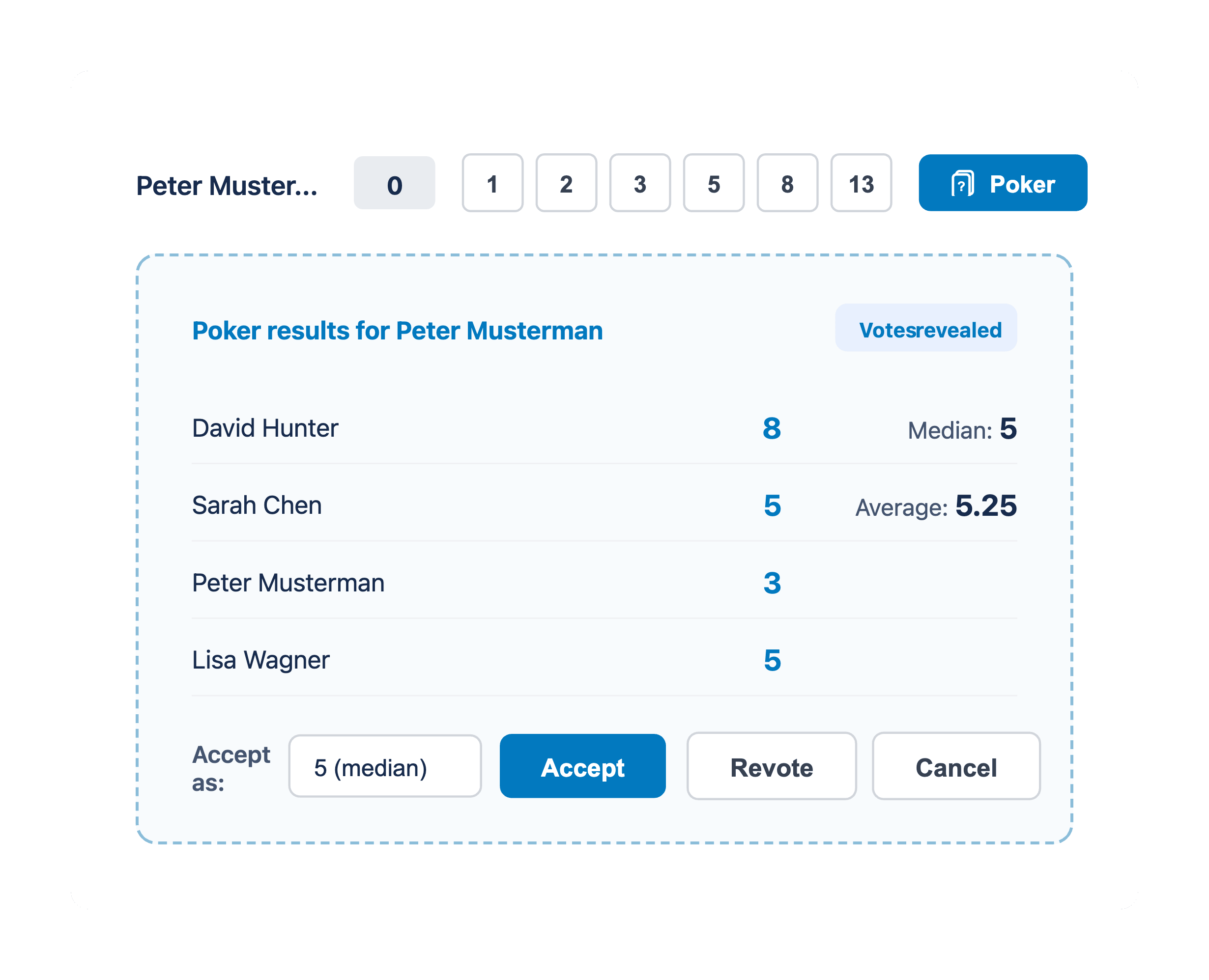 EstiMate planning poker revealed phase showing all votes, median, average, and accept option
