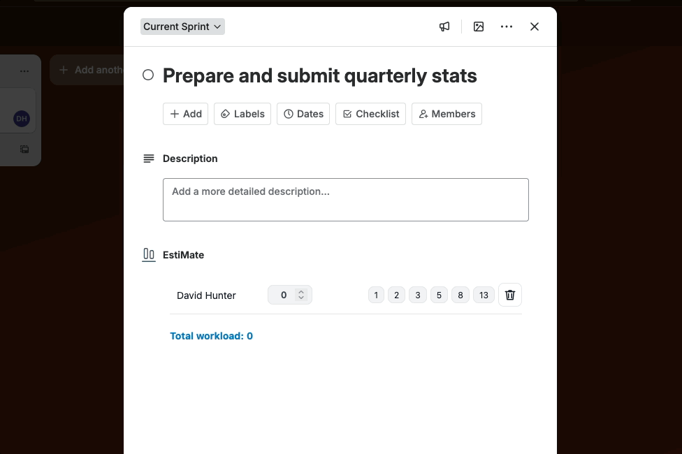 Assign story points to individual card members and view card totals.